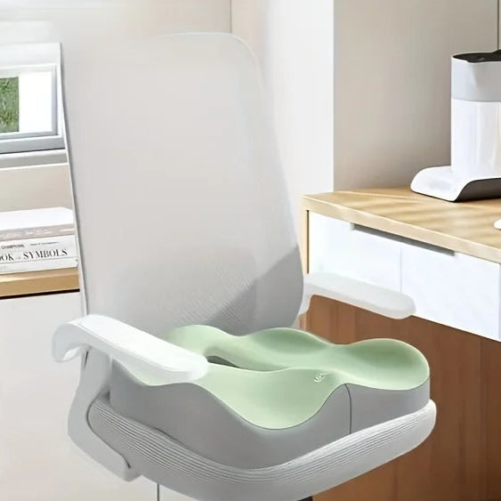 1Pc Memory Foam Seat Cushion - 3D Ergonomic Support| Light Green & Grey, Washable Polyester, Car/Office Essentials